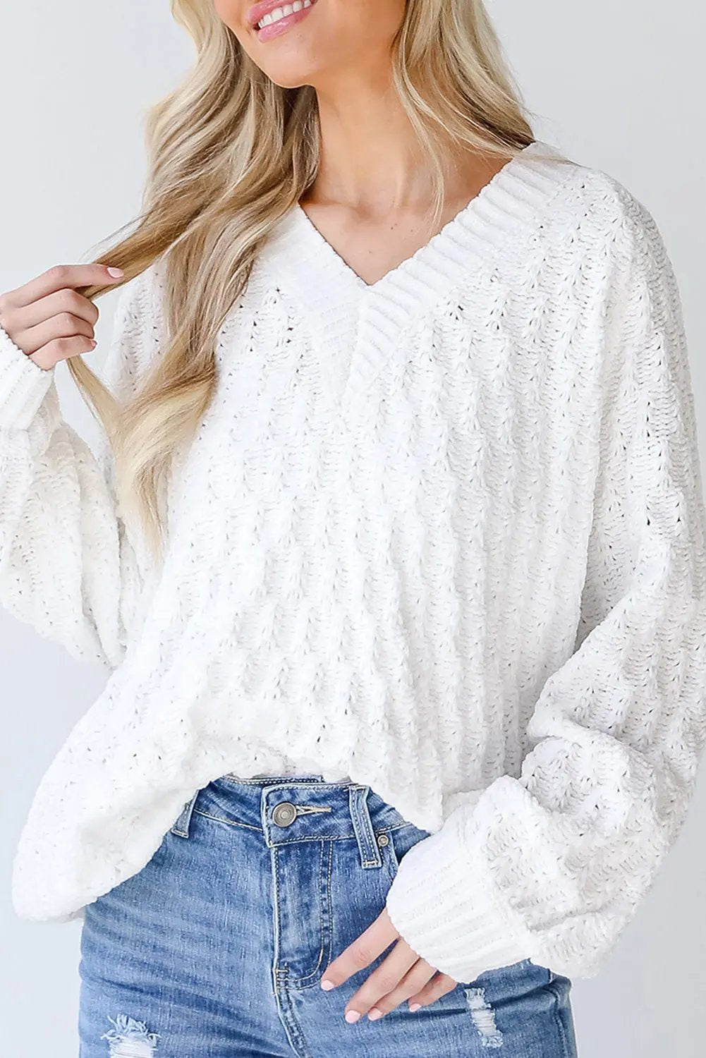 Premium White Textured Knit Ribbed Edge V Neck Loose Sweater Dear-Lover Dropshipping